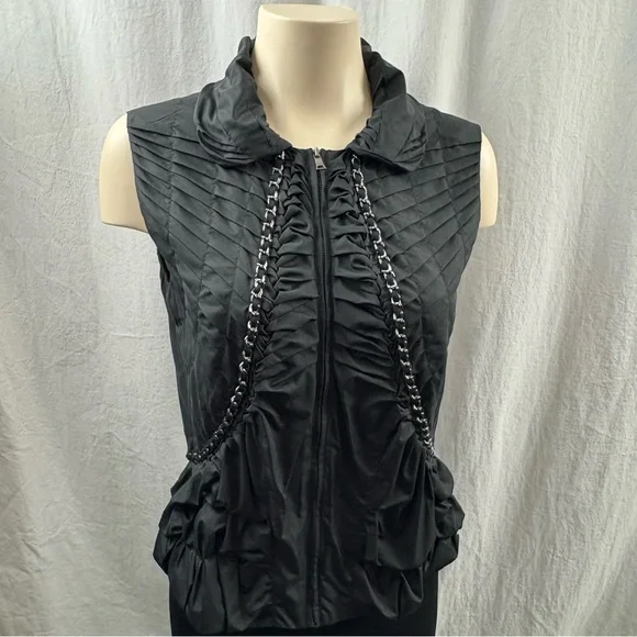 Elie Tahari Fitted Black Zipper Front Vest with Chain Embellishment S - Picture 3 of 8